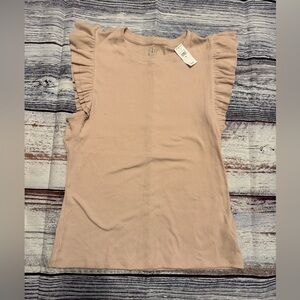GAP Ribbed Ruffle Sleeve Top XL Beige Blush Flutter Sleeve NWT